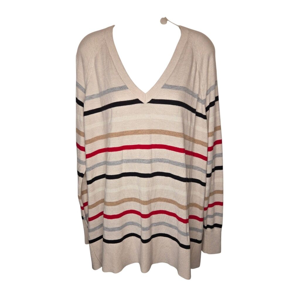 LOFT Striped Sweater XL Women V-Neck Tunic Lightweight Knit Pullover Cream Red
